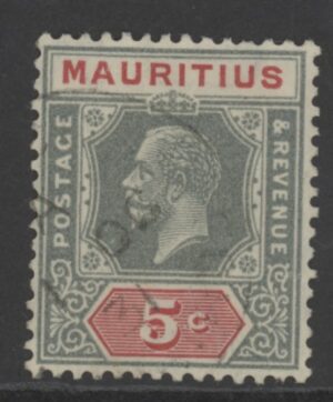 MAU138 Mauritius George V SG227 5c grey & carmine stamp 1921-1930 Used